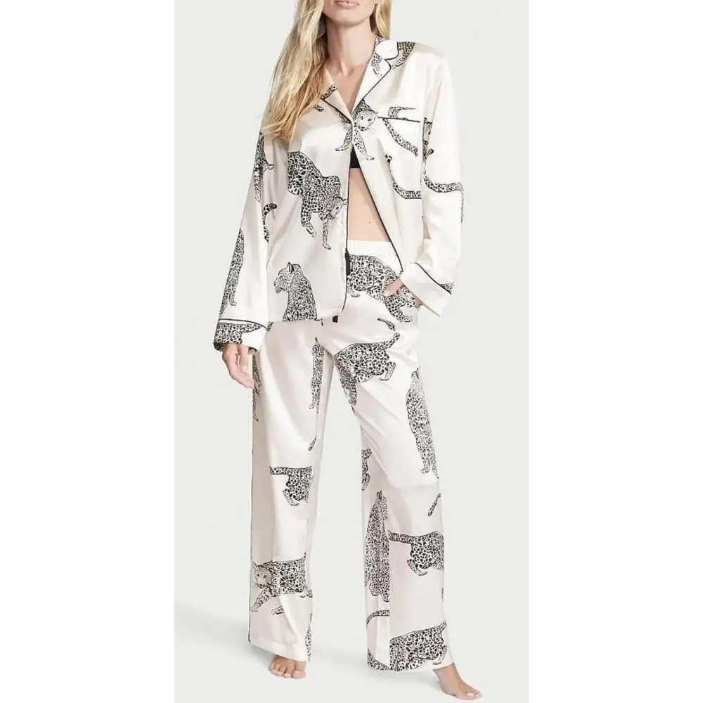 Victorias Secret Satin Pajama Set Womens S Leopard Print Long Sleeve Top Pants